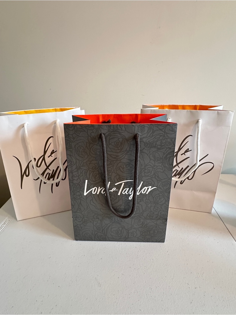 3 Lord & Taylor Shopping Bags Paper Empty Gray Rose Pattern White Orange Accent